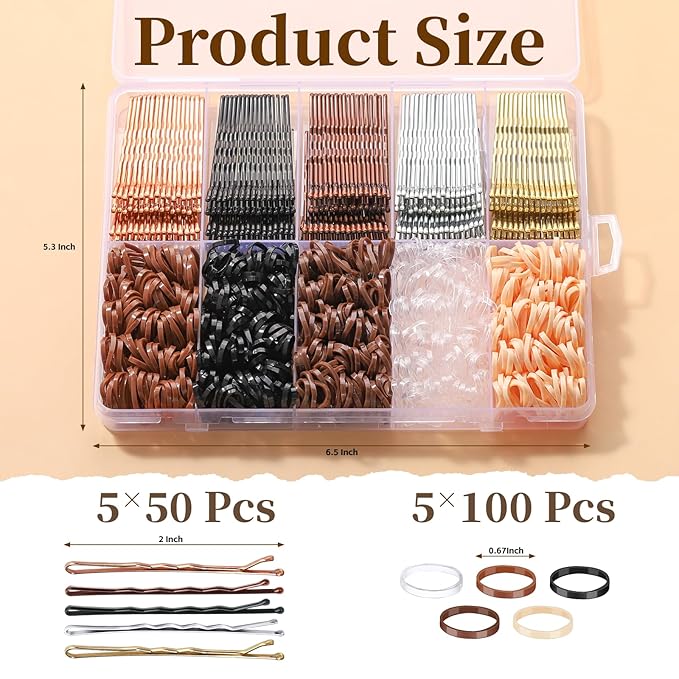 YGDZ 750PCS Bobby Pins for Women, 250PCS 2Inch Hair Pins for Brown Hair, Black, Blonde Hair, 500PCS Elastic Hair Ties Neutral Colors, Christmas Stuffers Xmas Gift Hair Accessories for Women, Girls