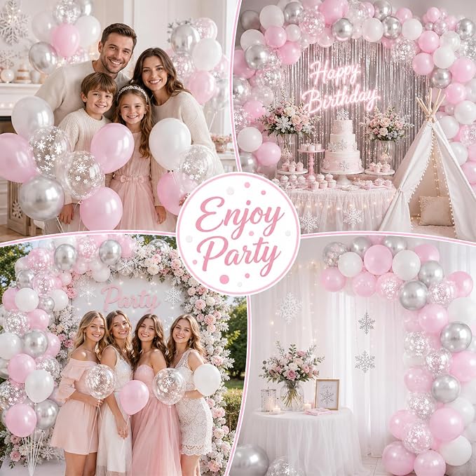 Pink and Silver Balloons, 12 Inch Pink White Silver Pearl Pink Latex Balloons - Image 5
