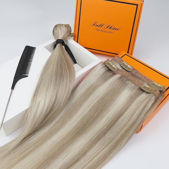 Full Shine Clip in Extensions for Women Lace Weft Golden Blond Highlighted Blonde Human Hair Clip in Extensions Straight Hair Clip ins Longevity 14 Inch 3 PCS 60 Grams