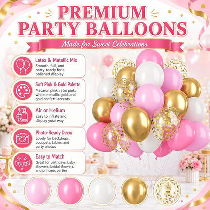 Pink Gold Balloons, Metallic Gold Confetti Latex Balloons, Women Girls Princess - Image 7