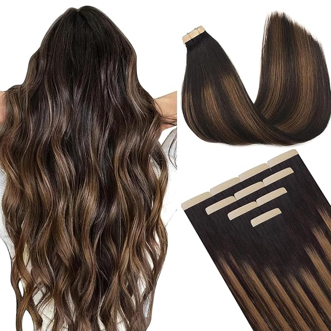 DOORES Tape in Hair Extensions Human Hair, Dark Brown to Chestnut Brown 12 Inch 20g 10pcs, Human Hair Extensions Natural Remy Hair Straight Hair Thick Natural