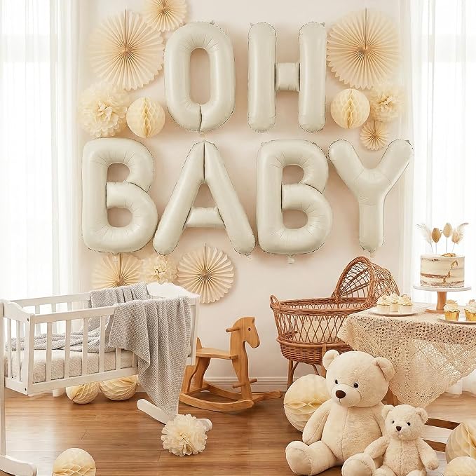 Biapian 40 Inch OH BABY Letter Balloons, Big Beige Foil Balloons - Image 4