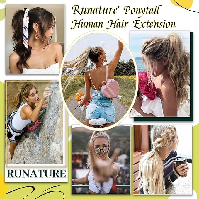 RUNATURE Ponytail Extension Human Hair, 14 Inch 70g Real Human Hair Ponytail, Striaght Natural Hairpiece with Wrap Around Magic Paste, Daily Wear, Easy to Install, #1B Off Black #1B Off Black