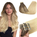 GOO GOO Tape in Hair Extensions Human Hair, 4/18 Balayage Chocolate Brown Highlighted Dirty Blonde, 24inch 50g 20pcs, Skin Weft Seamless Invisible, Silky Straight with Thick Ends, Remy Human Hair