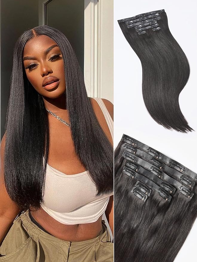 LUVME Yaki Straight Seamless 110g 7Pcs Clip in Hair Extensions Full Max with 26inch Remy Human Hair Extensions, Natural Black 100% Real Soft Hair