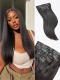 LUVME Yaki Straight Seamless 110g 7Pcs Clip in Hair Extensions Full Max with 14inch Remy Human Hair Extensions, Natural Black 100% Real Soft Hair
