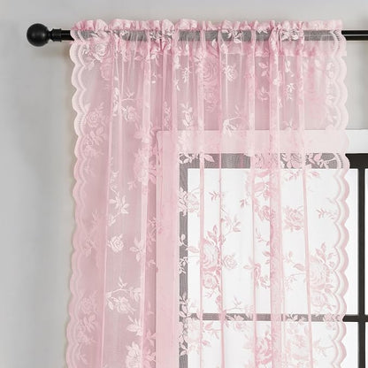 Light Pink Lace Curtains 84 Inch Length 2 Panels Rod Pocket Large Floral Lace - Image 4