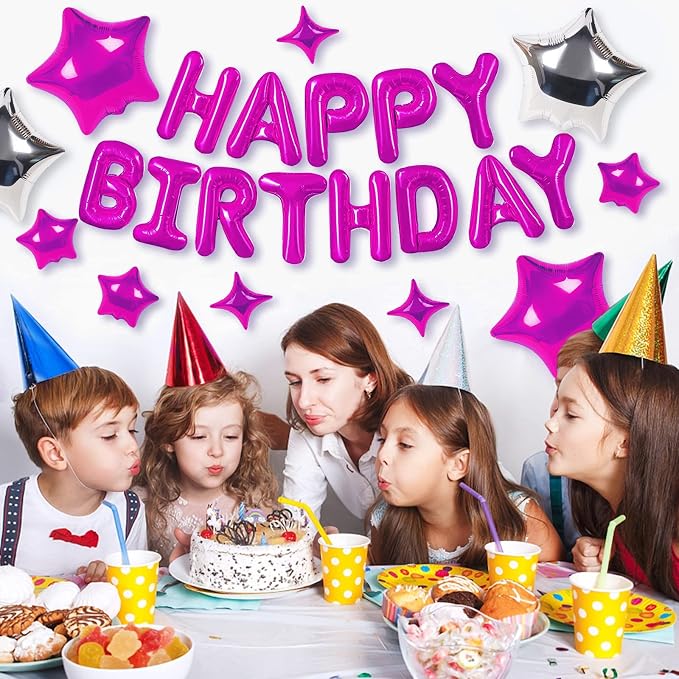 CANREVEL Happy Birthday Banner Decorations + 12Pcs Star Balloons, Hot Pink | - Image 5
