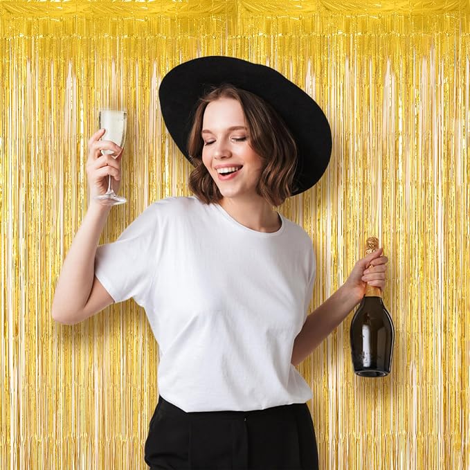Voircoloria Laser Gold Foil Fringe Backdrop Curtains, 2 Pack | Tinsel Streamers - Image 7