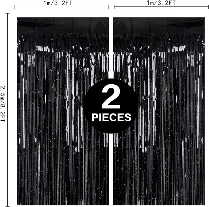 2 Pack 3.2ft x 8.2ft Black Tinsel Foil Fringe Curtain, Sparkle Metallic Foil - Image 3