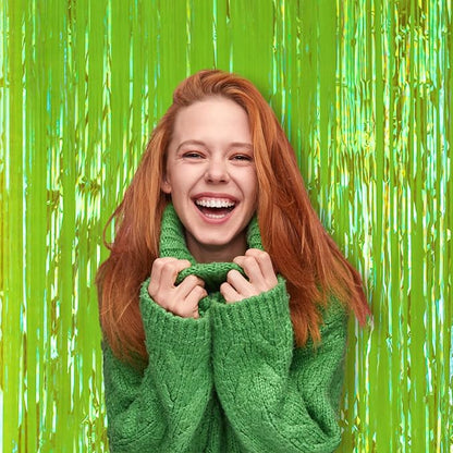 Voircoloria Iridescent Green Fringe Backdrop Curtains, 3 Pack | Tinsel Streamers - Image 7