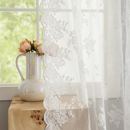 Kotile Ivory Lace Curtains for Bedroom Rustic Floral 52x94 Inch, 2 Panels | Rod - Image 3