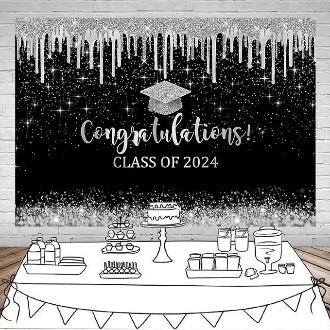 Mocsicka Black and Sliver Graduation Backdrop Congratulations Class of 2024 - Image 3