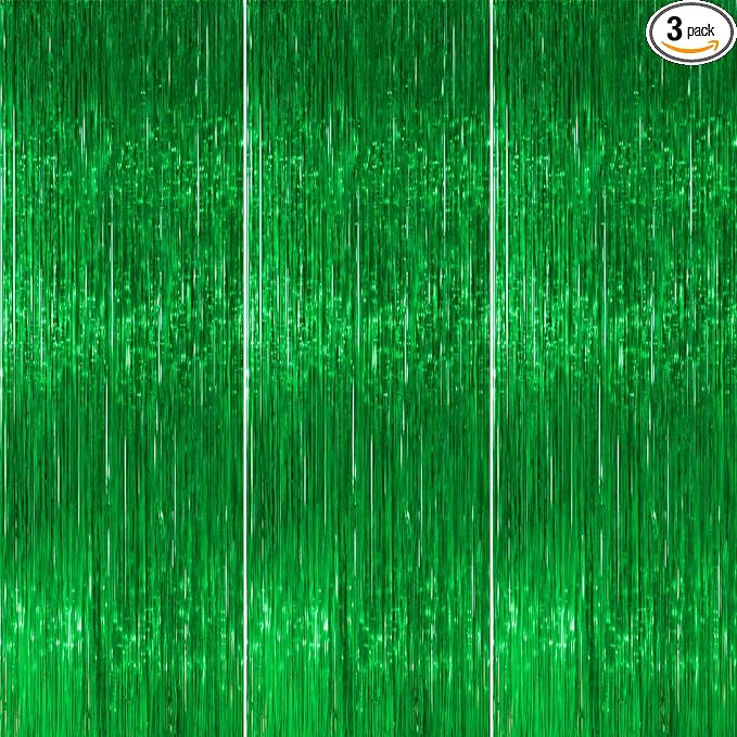 PartyWoo Green Tinsel Foil Fringe 8.2FT 3pcs Backdrop Streamer | Green Tinsel by PartyWoo