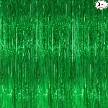 PartyWoo Green Tinsel Foil Fringe 8.2FT 3pcs Backdrop Streamer | Green Tinsel by PartyWoo