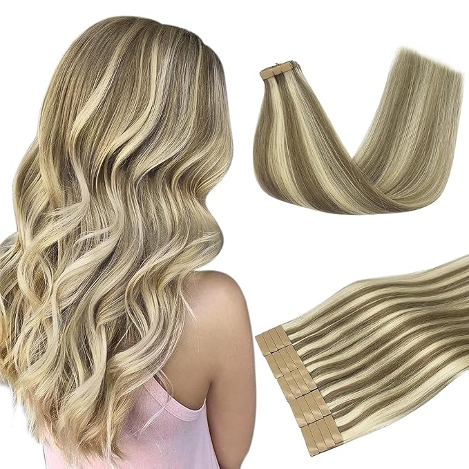 DOORES Human Hair Tape in Hair Extensions, Light Brown Highlighted Medium Blonde 18 Inch 50g 20pcs, Tape in Hair Extensions Remy Straight Hair Skin Weft