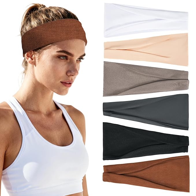 Headbands for Women Non-Slip Elastic Hair Bands, 6 Pack Stretchy Soft Cloth Sweat Band, Fabric Workout Headband, Fashion Head Bands for Yoga Running Sports