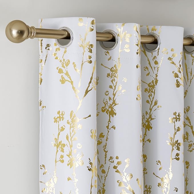 NICETOWN Gold Foil Printed Floral Curtains 100% Blackout, Grommet Branch - Image 2