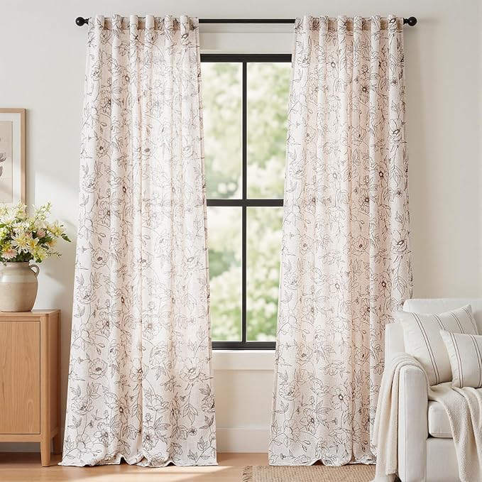 jinchan Floral Linen Curtains for Living Room 96 Inch Length Brown Flower by JINCHAN
