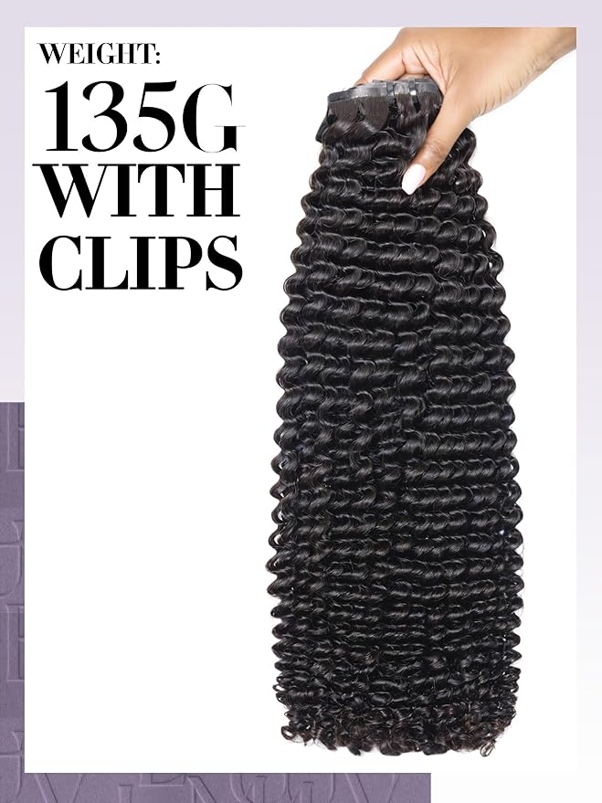 LUVME Seamless Clip in Hair Extensions Human Hair Kinky Curly 135g 7pcs 20 Inch Clip in Hair Extensions with Soft Invisible PU Weft Natural Black Hair for Women