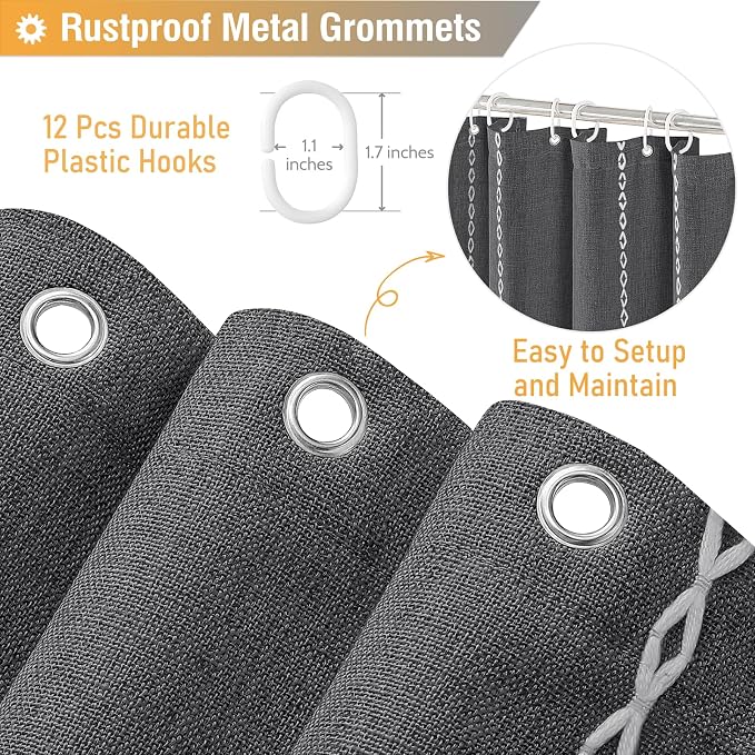 Charcoal Grey Boho Farmhouse Linen Heavy Duty Shower Curtain, 72x72 | 330GSM - Image 5