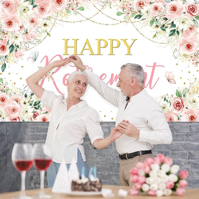 Mocsicka Happy Retirement Backdrop Pink Floral Retirement Banner - Image 7