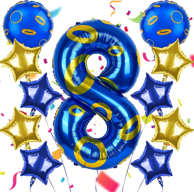 40 Inch Blue and Golden Ring Themed Number Balloon, Number Block Foil Number 8 by AXBMM