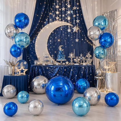 15 Pcs Blue and Silver Round Foil Balloons, 22/15/10 Inch 4D Ball Balloons Blue - Image 4