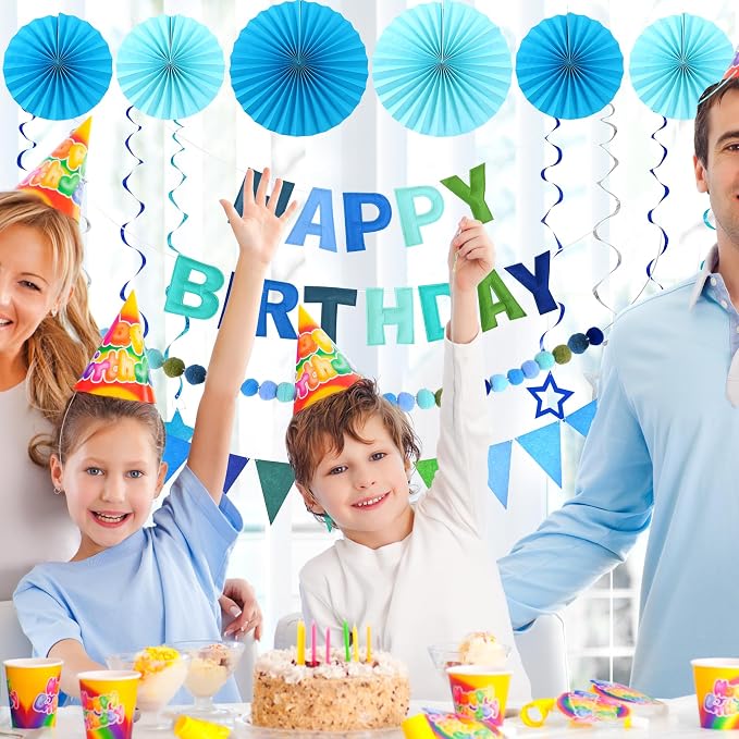 CANREVEL 17 PCS Pre-Strung 3D Blue Happy Birthday Banner, Happy Birthday Felt - Image 4
