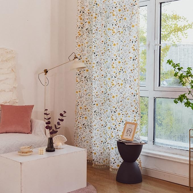 Sutuo Home Boho Curtain Semi-Blackout Yellow Florals Print Cotton Linen Fabric - Image 3