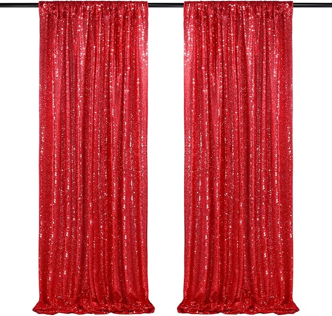 QueenDream Red Sequin Backdrop 2 Panels 2FTx8FT Christmas Party Backdrop | by QueenDream