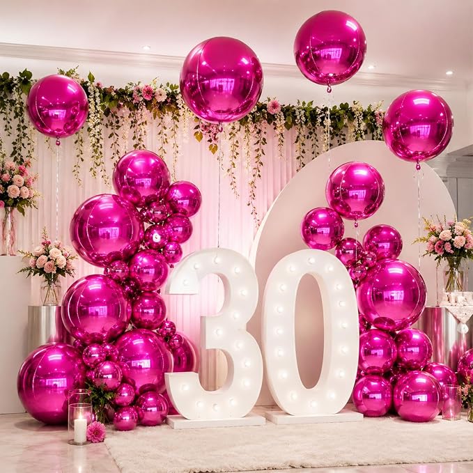 15 Pcs Hot Pink Round Foil Balloons, 22/15/10 Inch 4D Ball Balloons Hot Pink - Image 5