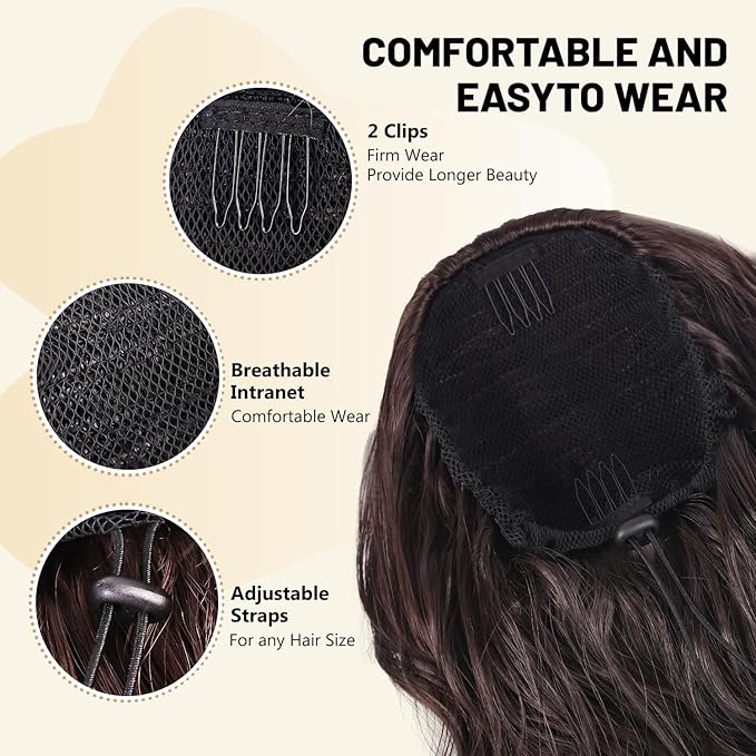 LEEONS 26 inch Drawstring ponytail Extension, Long Wavy pony tails hair extensions for Women - Synthetic Hairpiece Ponytail for Daily Use (Black Brown)