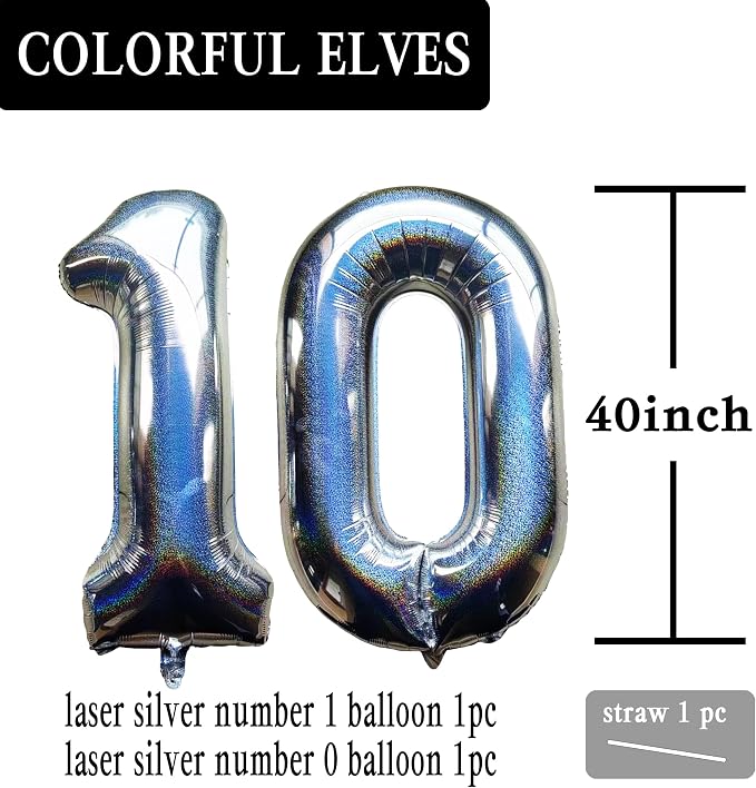Laser Silver Number 10 Balloons 40 Inch Giant Number Silver 10 Foil Mylar - Image 2
