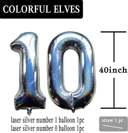 Laser Silver Number 10 Balloons 40 Inch Giant Number Silver 10 Foil Mylar - Image 2