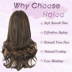 Haloo Brown Auburn Wigs with Bangs Long Wavy Layered Haircut Natural Looking Fluffy Synthetic Heat Resistant Hair Wig for Women Daily Party, 24 Inch Brown Mixed Auburn