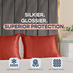 BLISSFORD Satin Pillowcase with Zipper, for Hair and Skin Care, Feels Soft and Cool Like a Silk Pillowcase, Satin Pillow Cases 2 Pack, Slik Pillow Cover, Rust - King Size, Set of 2