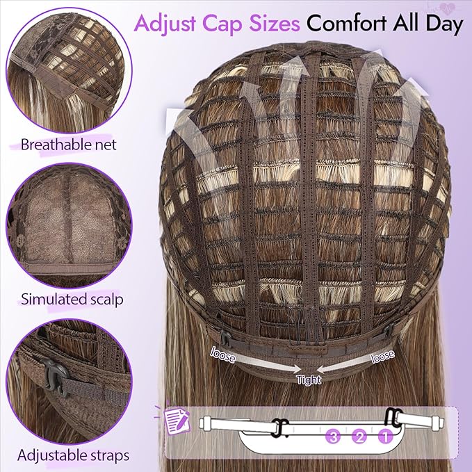 Wig with Bangs for Women Black Straight Face-Framing Layers Hairstyle 4x4 Realistic Scalp Glueless Synthetic Wigs Medium Length for Everyday Use