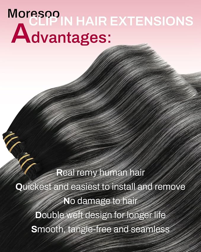 Moresoo Clip in Hair Extensions Remy Double Weft Human Hair Clip in Extensions Straight Balayage Hair Extensions for Women Ombre Black Mixed with Silver Grey 7pcs 135g 16inch