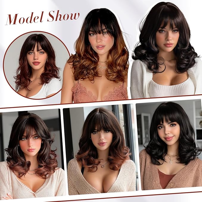 Wig with Bangs for Women | 16 Inch Layered Body Wave Synthetic Wig | Heat Resistant Yaki Fiber Natural Looking Shoulder Length Wigs | Synthetic Wig for Daily Wear - Natural Black