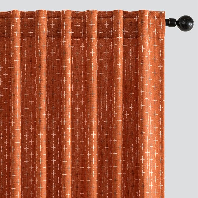 MIULEE Patterned Farmhouse Linen Curtains, Back Tab, Burnt Orange | Linen by MIULEE