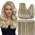 Full Shine Blonde Extensions Clip in 16 Inch Clip in Hair Extensions Real Human Hair Lace Weft Brown and Blonde Highlight Hair for Thin Hair 3 PCS 60 Grams