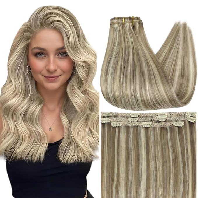 Full Shine Clip in Hair Extensions Real Human Hair 20 Inch Ash Blonde hair extensions Ash Brown With Blonde Remy Hair Extensions Highlights Human Hair Straight Long Remy Hair 3Pcs 60G