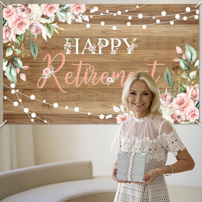 Mocsicka Rustic Retirement Backdrop Banner 6x3.6ft | Pink Floral Women Happy - Image 5