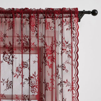 Burgundy Lace Curtains 45 Inch Length Vintage Floral Sheer Curtains - Image 4