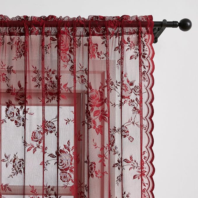 Burgundy Lace Curtains 63 Inch Length Vintage Floral Sheer Curtains 2 Panels set - Image 4