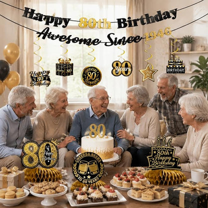 80th Birthday Decorations for Men Women, Pre-Strung Black Gold Happy 80th - Image 6