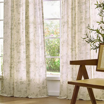 Green Vintage Floral Linen Curtains Farmhouse 38W X 63L 2 Panels | Elisa Series - Image 9
