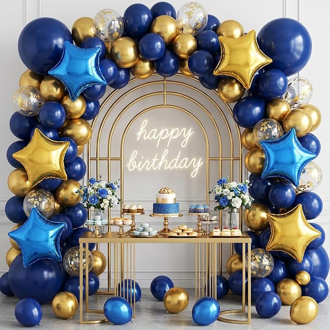 Blue Gold Star Foil Balloons, 18 Inch Metallic Blue and Gold Stars Balloon - Image 3