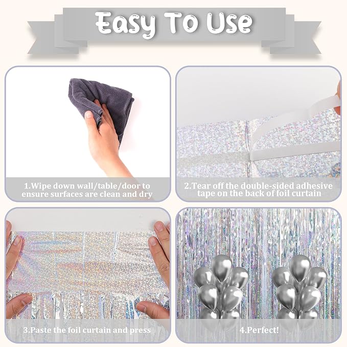 Voircoloria Laser Silver Foil Fringe Backdrop Curtains, 2 Pack | Tinsel - Image 4